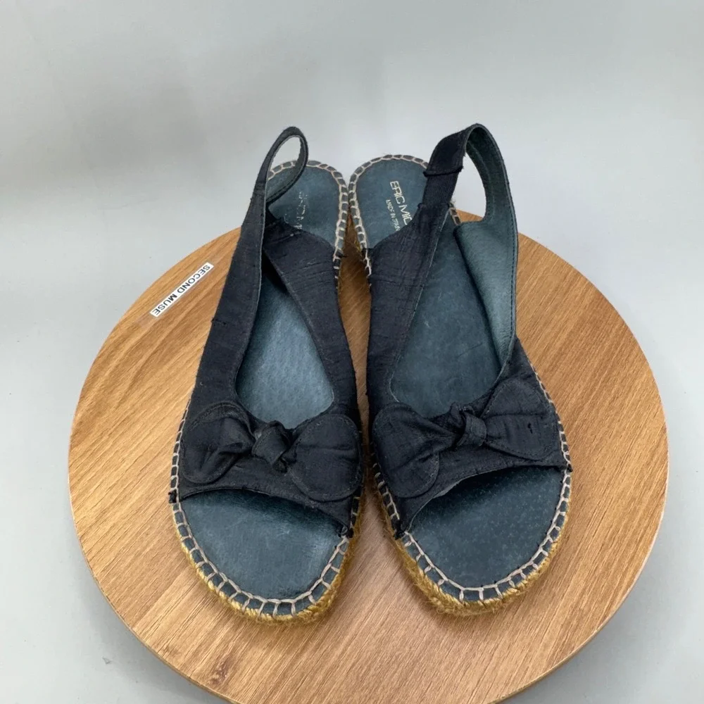 Eric‎ Michael Black Espadrille Wedge Sandals 39 8.5 Slingback Bow Made in Spain